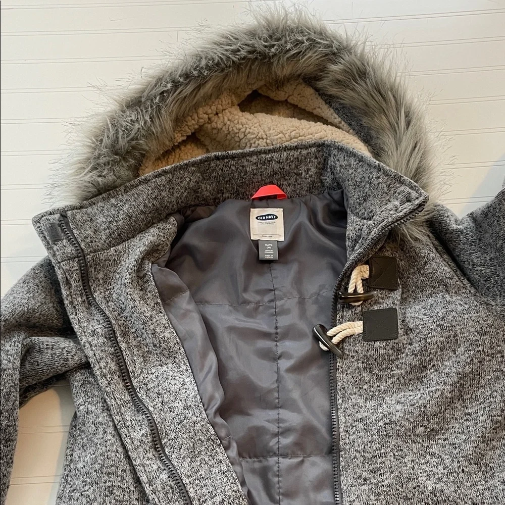 Old Navy Gray Jacket Girls Hooded Coat Faux Fur Zipper size 14